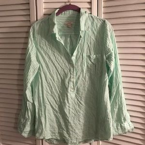 J. Crew green and white striped half button down
